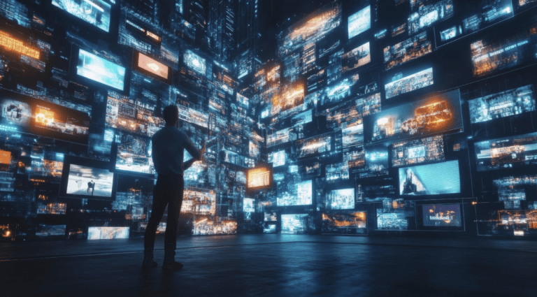 Man standing in front of many screens analysing programmatic SEO