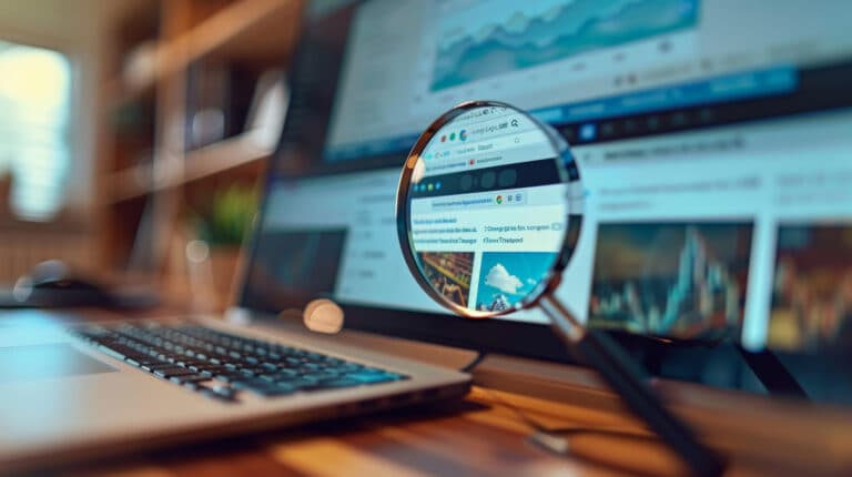 A magnifying glass hovering over a laptop screen showing complex data charts and search results, symbolising the precision of Prebo Digital’s SEO audits.